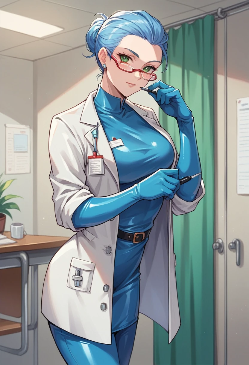 1girl, ((blue gloves)), ((elbow gloves)), ((latex gloves)), ((doctor outfit)), looking at viewer, ((doctor)), ((long sleeves)), standing