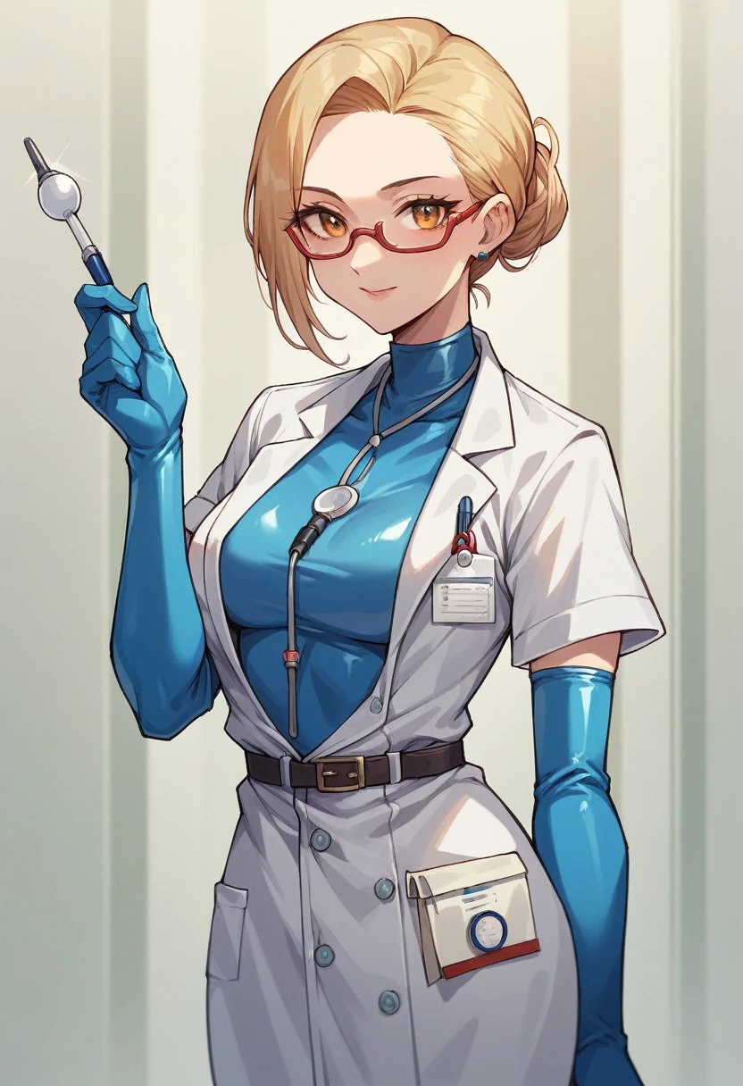 1girl, ((blue gloves)), ((elbow gloves)), ((latex gloves)), ((doctor outfit)), looking at viewer, ((doctor)), ((long sleeves)), standing