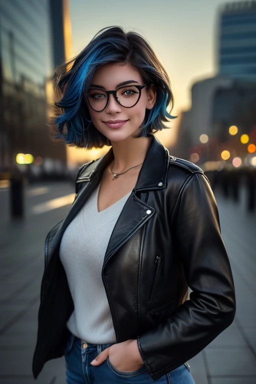 Kate, short black hair with blue highlights, looking at the viewer, blue eyes, perfect body, round glasses, leather jacket, jeans. full body, walking, going to work, drawing folder, city of São Paulo, in front of MASP museum, Brazil, day, grin, short hair, black hair, streaked hair, blue hair, hair over one eye, hair behind ear, wide shot, panorama, cinematic lighting, Hyperrealism, close-up, cowboy shot