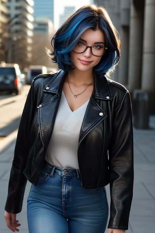 Kate, short black hair with blue highlights, looking at the viewer, blue eyes, perfect body, round glasses, leather jacket, jeans. full body, walking, going to work, drawing folder, city of São Paulo, in front of MASP museum, Brazil, day, grin, short hair, black hair, streaked hair, blue hair, hair over one eye, hair behind ear, wide shot, panorama, cinematic lighting, Hyperrealism, close-up, cowboy shot