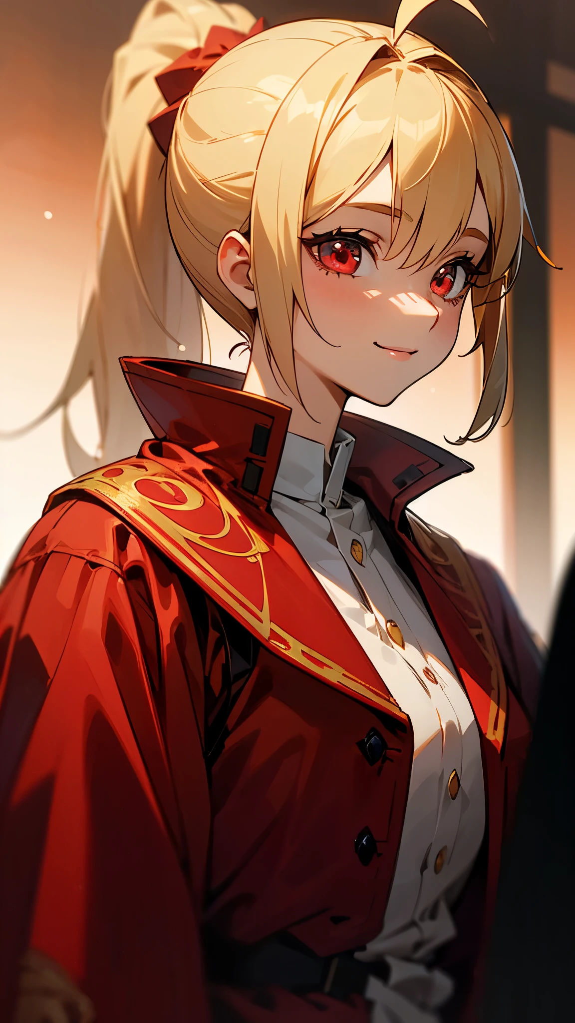 1 Girl、Sharp focus、(Bokeh) (Highest quality) (Detailed skin:1.3) (Intricate details) (anime)、 age、Blonde ponytail、Ahoge、Beautiful red eyes、smile、Red coat、White shirt、Slender body、From the side、Upper body close-up、Golden Hour Sky