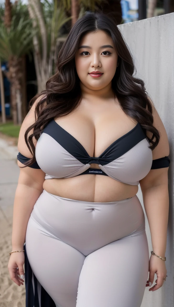 ((best quality)), ((masterpiece)), (detailed), perfect face, araffeTight skirtsShort , thicc, wavy short hair, she has a jiggly fat round belly, bbwchan, wearing tight simple clothes, skinny waist and thick hips, widest hips, her belly is fat and round, soft curvy shape, hyperrealistic full figure, wearing a cute top, wide hips, Blue swimsuit,On the beach by the seaBlue