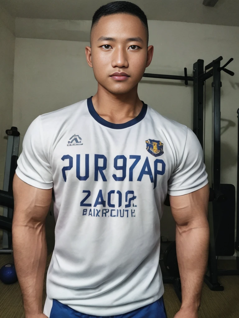 masterpiece, best quality, high resolution, realistic, handsome, photogenic, syahnk, SFW, a photo of a 35 year old frat (man:1.2) portrait, , military press, weights, stunning , short buzzcut hair,stubble head , (hypermuscle),looking at the viewer, flirting with the camera, charming, (tight white gym shirt ),(GS-Masculine:1), 8K UHD , ยืนในห้องอาหาร