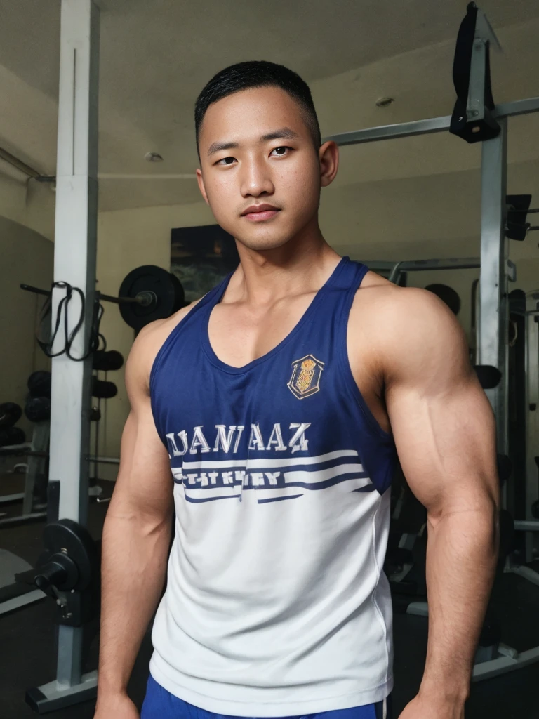 masterpiece, best quality, high resolution, realistic, handsome, photogenic, syahnk, SFW, a photo of a 35 year old frat (man:1.2) portrait, , military press, weights, stunning , short buzzcut hair,stubble head , (hypermuscle),looking at the viewer, flirting with the camera, charming, (tight white gym shirt ),(GS-Masculine:1), 8K UHD , ยืนในห้องอาหาร