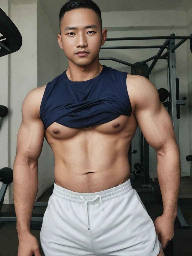 masterpiece, best quality, high resolution, realistic, handsome, photogenic, syahnk, SFW, a photo of a 35 year old frat (man:1.2) portrait, , military press, weights, stunning , short buzzcut hair,stubble head , (hypermuscle),looking at the viewer, flirting with the camera, charming, (tight white gym shirt ),(GS-Masculine:1), 8K UHD , ยืนในห้องอาหาร