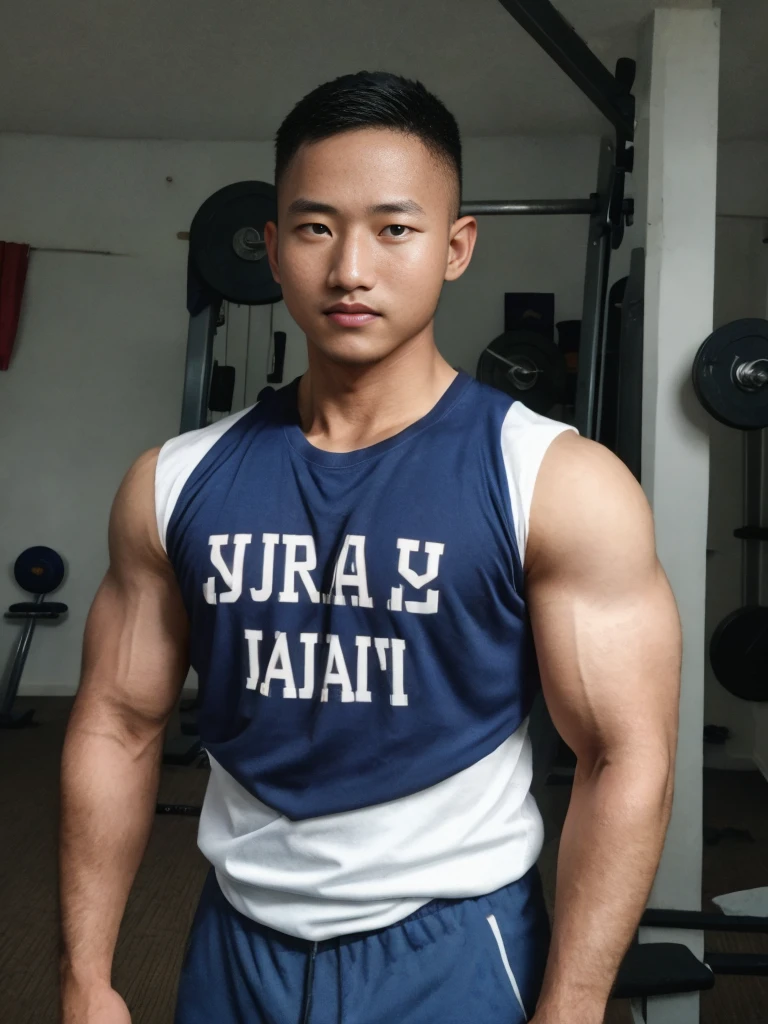 masterpiece, best quality, high resolution, realistic, handsome, photogenic, syahnk, SFW, a photo of a 35 year old frat (man:1.2) portrait, , military press, weights, stunning , short buzzcut hair,stubble head , (hypermuscle),looking at the viewer, flirting with the camera, charming, (tight white gym shirt ),(GS-Masculine:1), 8K UHD , ยืนในห้องอาหาร