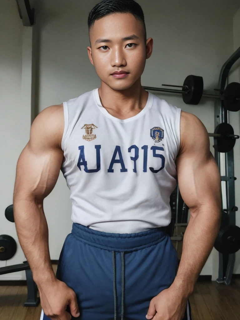 masterpiece, best quality, high resolution, realistic, handsome, photogenic, syahnk, SFW, a photo of a 35 year old  frat (man:1.2) portrait, , military press, weights, stunning , short buzzcut hair,stubble head , (hypermuscle),looking at the viewer, flirting with the camera, charming, (tight white gym shirt ),(GS-Masculine:1), 8K UHD , ยืนในห้องอาหาร