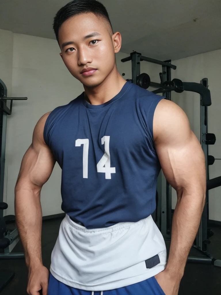 masterpiece, best quality, high resolution, realistic, handsome, photogenic, syahnk, SFW, a photo of a 35 year old frat (man:1.2) portrait, , military press, weights, stunning , short buzzcut hair,stubble head , (hypermuscle),looking at the viewer, flirting with the camera, charming, (tight white gym shirt ),(GS-Masculine:1), 8K UHD , ยืนในห้องอาหาร
