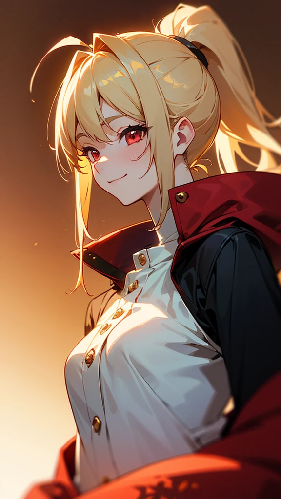 1 Girl、Sharp focus、(Bokeh) (Highest quality) (Detailed skin:1.3) (Intricate details) (anime)、 age、Blonde ponytail、Ahoge、Beautiful red eyes、smile、Red coat、White shirt、Slender body、From the side、Upper body close-up、Golden Hour Sky