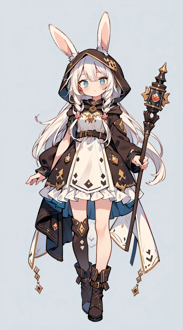 (masterpiece), Best quality, Fantasy art, 1 girl, a girl firing her long , white_hair, long hair, wicked, bunny ears, black hoodie with bunny ears, boots, hood with bunny ears, Clear face