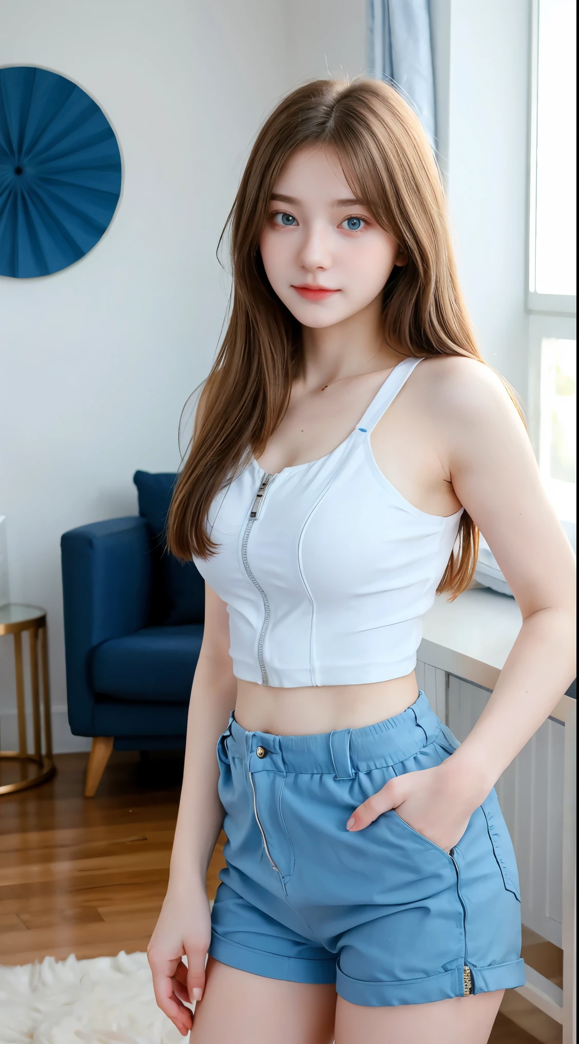 Gorgeus Girl, Beautiful, Baby Face, 20 Years Old, White Skin, Beside, Sexy Pose, wearing zipper tank top, Blue Eye, Bokeh, living room Background, Masterpiece, Fullbody Shot, short pants, standing