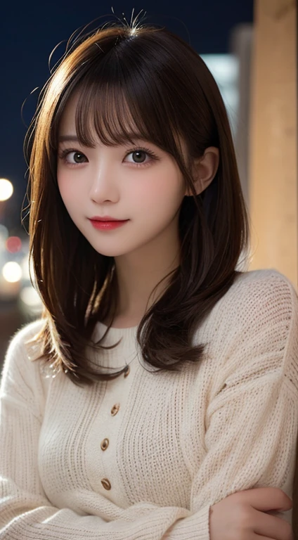 Tabletop, Highest quality, shape, Very detailed, finely, High resolution, 8k wallpaper, 完璧なダイナミックな構shape, Beautiful and detailed, Elegant winter clothes,Medium Hair,Small breasts Natural color Lips, Bold sexy pose,smile、20-year-old girl、cute、Looking at the camera is sexy,night,Beautiful and elaborate face,Elegant face,Perfect and beautiful face,Slim face and body,Spread your arms wide、Background Blur