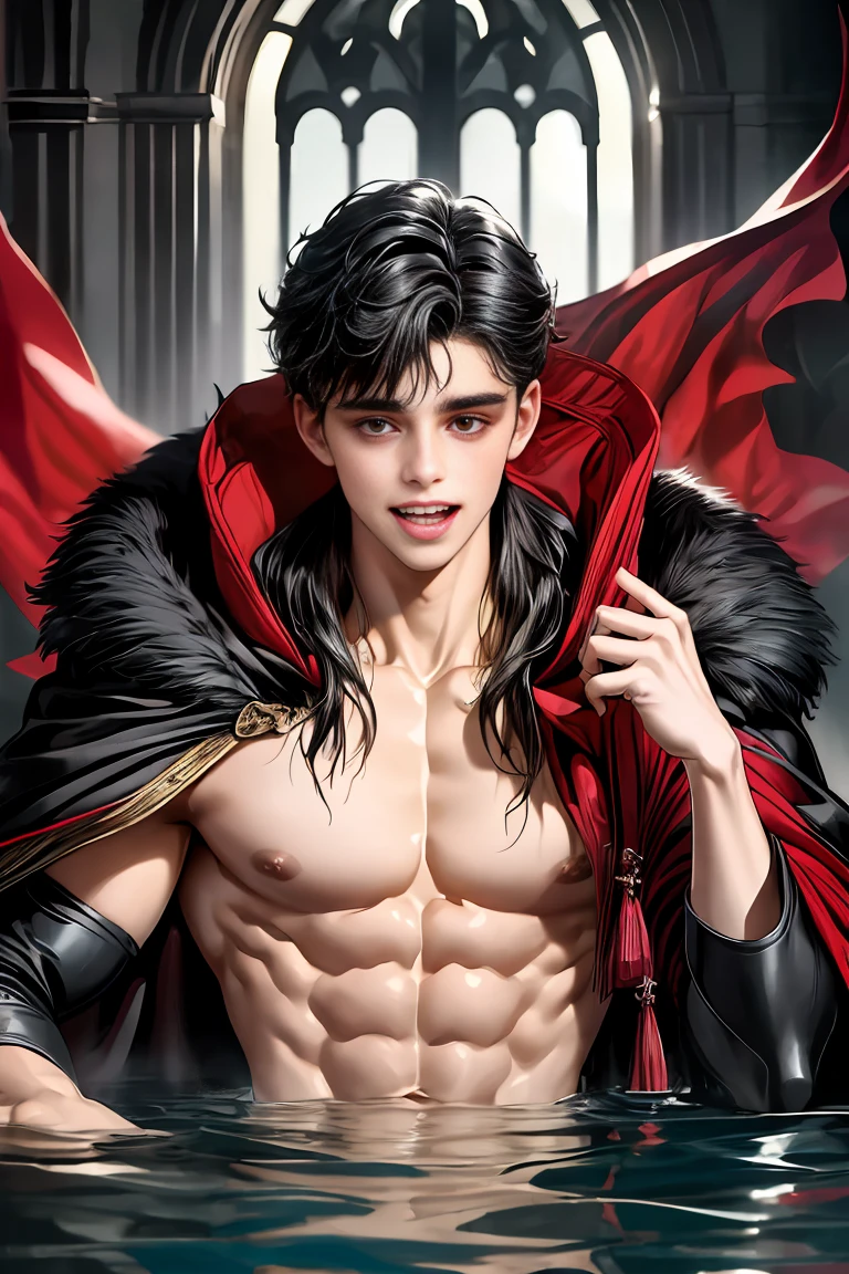 She is wearing a sexy, voluminous black and red cape on her naked body.、Beautiful gay man、Drowning in pleasure、Messy black hair、Disarrayed Cloak、A look of disarrayed pleasure