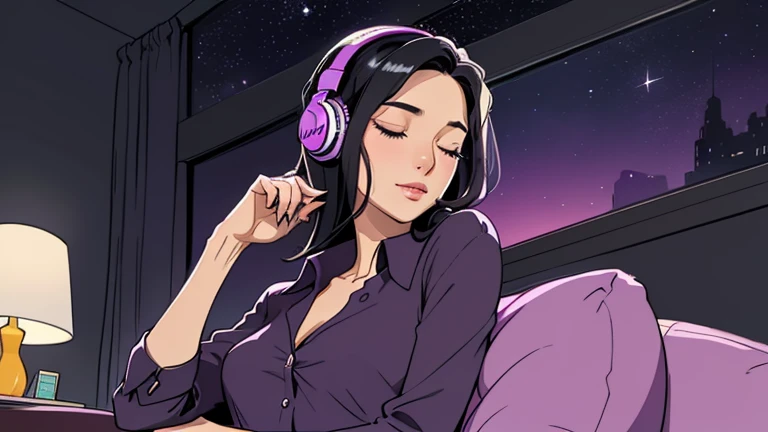 Beautiful woman in her 30s with black hair is sitting with headphones on the sofa. Stylish living room, Looking down, eyes closed, LOFI girl, alone in the room, purple blouse, relaxing mood, cozy, only five fingers, colorful, Well-proportioned face, Late night, night sky, book