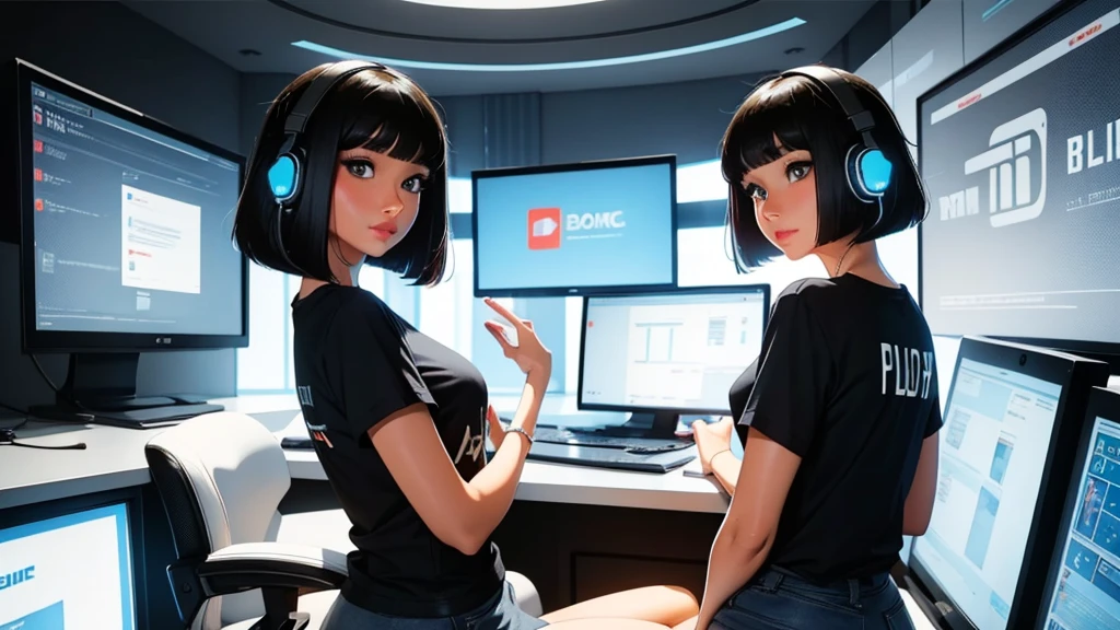A very detailed beautiful woman, Perfect face,Black Hair, bob cut,Bangs, Gray eyes, Super detailed, Put on your headphones、Logo T-shirt and hot pants、in a futuristic room、gaming pc、large display<bright colors、Bright colors、Warm colors、Full body image、