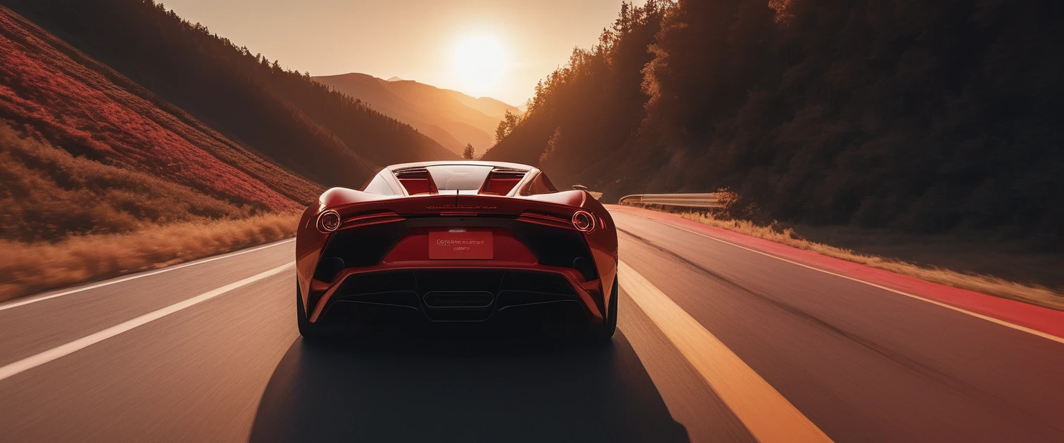 The camera tracks alongside the red sports car, capturing its sleek profile as it speeds through the highway. The evening light casts long shadows and a rich, golden hue over the landscape, creating a cinematic and thrilling atmosphere against the backdrop of a clear sky.