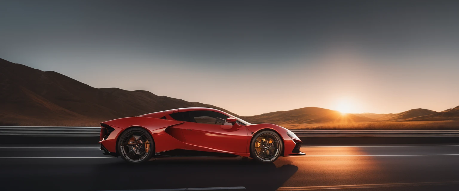 The camera tracks alongside the red sports car, capturing its sleek profile as it speeds through the highway. The evening light casts long shadows and a rich, golden hue over the landscape, creating a cinematic and thrilling atmosphere against the backdrop of a clear sky.