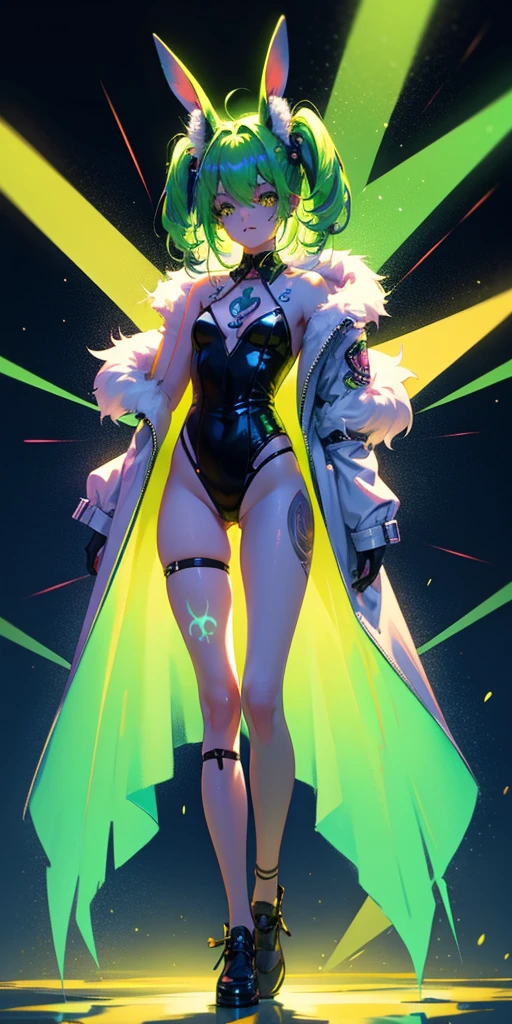 Rabbit technique , Science Fiction, Fluffy , 
1 girl, Tattoo, Glowing tattoo, Glowing eyes, Colorful glowing hair , Full body love, Green Hair,
  Kawaiitech, Soft colors, Kawaii, Lovely colors,