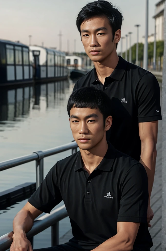 young asian man in a black polo shirt sitting by the canal with a serious expression, looking into the distance Turn your head slightly.,nighttime