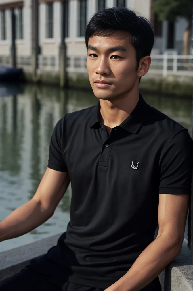 young asian man in a black polo shirt sitting by the canal with a serious expression, looking into the distance Turn your head slightly.，nighttime