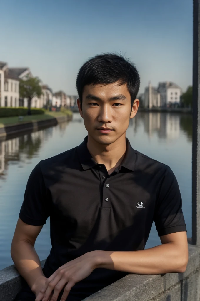 young asian man In a gray polo shirt sitting by the canal with a serious expression, looking into the distance Turn your head slightly.，Cloudy day 