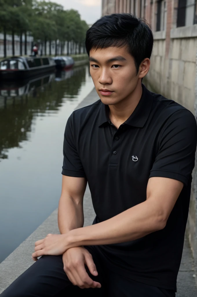 young asian man in a black polo shirt sitting by the canal with a serious expression, looking into the distance Turn your head slightly.，nighttime