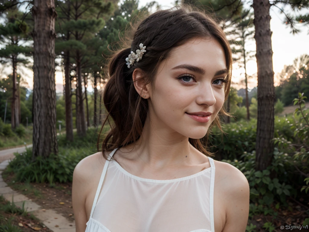arafed woman, cute smile, smiling face, wearing a dress, looking away, slim waist, fit sport body, sasha grey, portrait sophie mudd, 18 years old, stunning close-up headshot, madison beer girl portrait, violet myers, she looks like a mix of grimes, very pretty model, arian mark, 8k resolution, very detailed image, blue eyes, pony hairstyle, nikon, cinematic, in forest, evening, photo in Bryansk, Bryansk style