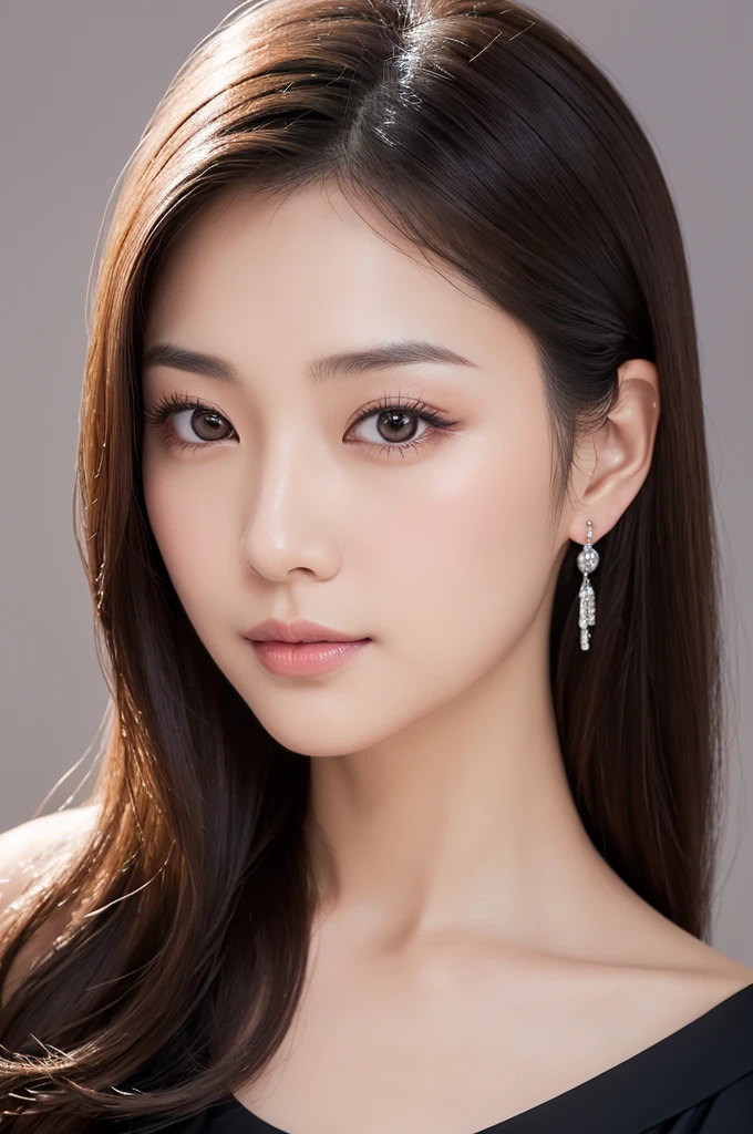 Photorealistic portrait of a 31-year-old Japanese actress, Kasumi Arimura inspired, distinctly East Asian features, oval face with soft jawline and subtly rounded chin, smooth flawless skin with natural subtle yellowish undertone, large captivating almond-shaped dark brown eyes, visible single eyelid fold, straight black eyelashes, low and flat nose bridge with slightly upturned nose tip, full pink lips with gentle curve, softly rounded cheeks with natural fullness giving a youthful appearance, high but not overly pronounced cheekbones, long lustrous straight black hair with dark brown undertones reaching past shoulders, wispy side-swept bangs framing face, hair parted slightly off-center, slender graceful neck, yet elegant figure at 160cm tall, wearing a form-fitting off-shoulder black dress or intricate white lace top, small dangling silver earrings, minimal natural makeup with soft peachy blush on cheeks, light pink lip tint and subtle taupe eyeshadow, neatly groomed straight eyebrows, soft diffused studio lighting creating a warm glow, high-key portrait style, ultra high-resolution 8K photograph, gentle and warm expression with a subtle, close-lipped smile, direct eye contact with camera conveying both sweetness and maturity, known for versatile roles in popular Japanese dramas and films