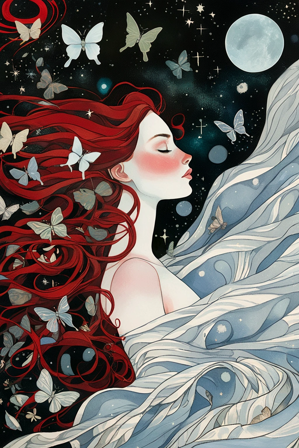 a painting of a woman with long red hair and butterflies, an ultrafine detailed painting by Kelly McKernan, tumblr, magical realism, brittney lee, anime art nouveau cosmic display, julie dillon, a beautiful artwork illustration, laurie greasley and james jean, dreamy illustration, dreaming of outer space, goddess of space and time, lunar goddess, floating in the universe