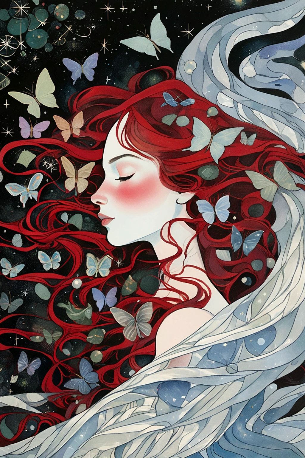 a painting of a woman with long red hair and butterflies, an ultrafine detailed painting by Kelly McKernan, tumblr, magical realism, brittney lee, anime art nouveau cosmic display, julie dillon, a beautiful artwork illustration, laurie greasley and james jean, dreamy illustration, dreaming of outer space, goddess of space and time, lunar goddess, floating in the universe