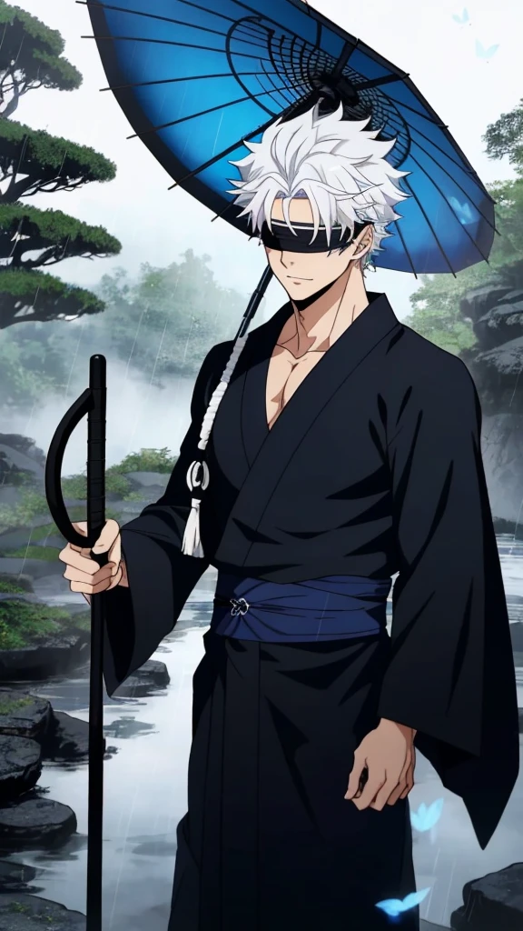 Menerjemahkan teks dengan kamera
a handsome and sexy male character with blue eyes, curly white hair, a black cloth as a blindfold, named "GOJO SATORU" wearing a kimono, pitch black, standing in the falling rainwater while holding an umbrella, with the effect of . 8k realistic HDR and a collection of bright blue butterflies.