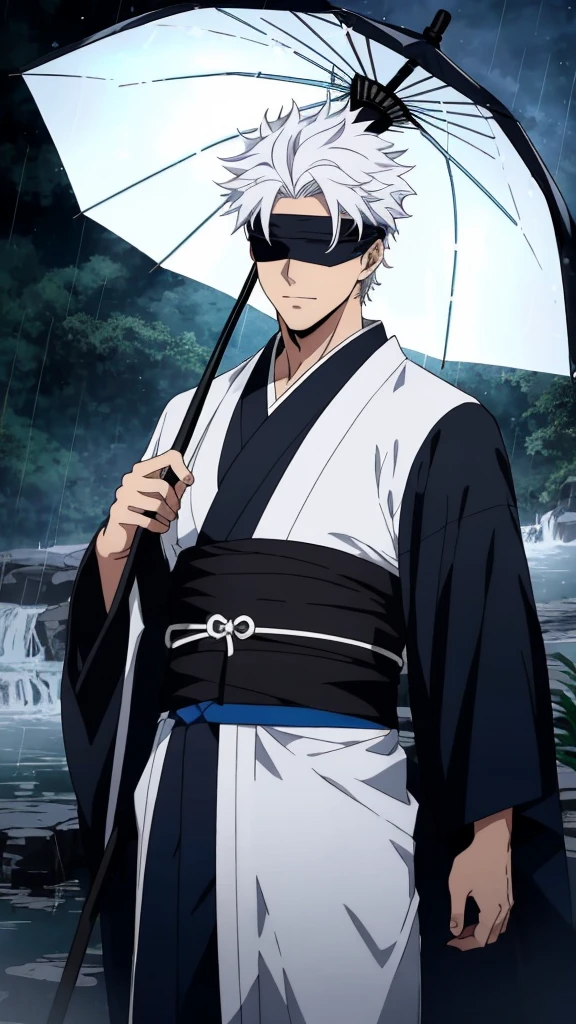 Menerjemahkan teks dengan kamera
a handsome and sexy male character with blue eyes, curly white hair, a black cloth as a blindfold, named "GOJO SATORU" wearing a kimono, pitch black, standing in the falling rainwater while holding an umbrella, with the effect of . 8k realistic HDR and a collection of bright blue butterflies.