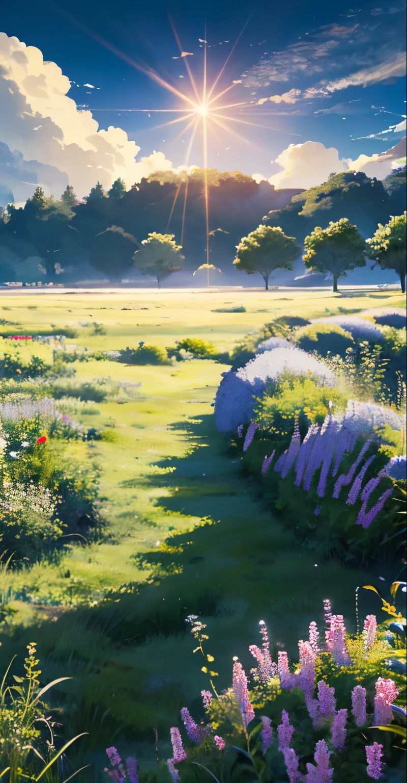 Wide sky, Flowers, Beautiful skyline,grassland,Powerful and dramatic imagery,Moving Images,The North Star Hanging High,Colorful natural light,Ultra Wide Angle