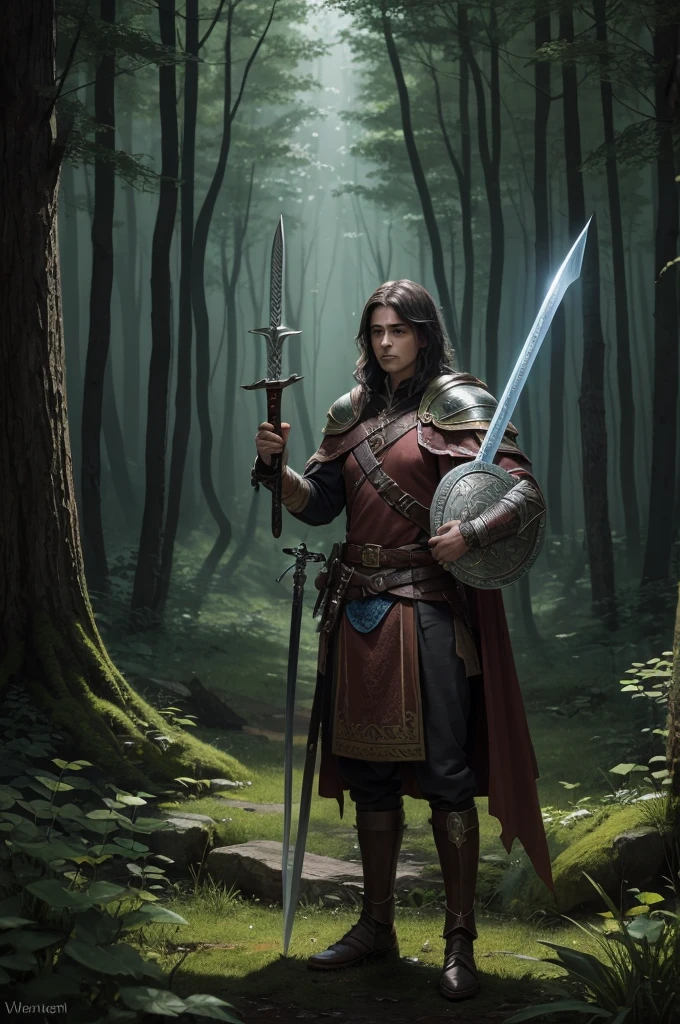 Drawing of a warrior with sword and shield,a wizard with a wand and a healer in a dark forest