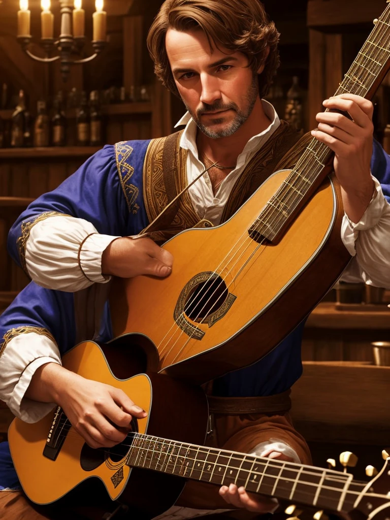 man playing guitar, in a tavern, dress up as a bard, fantasy ,