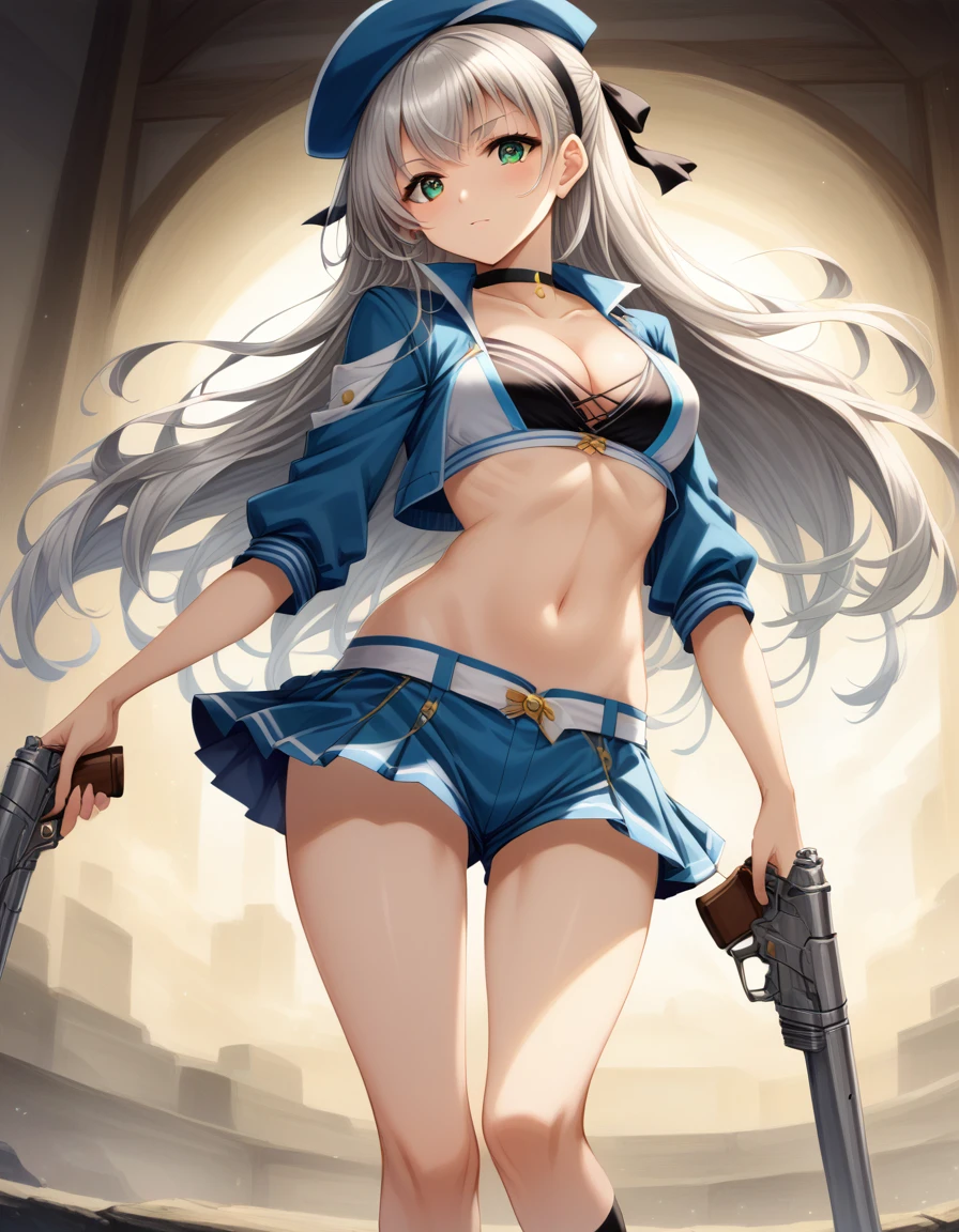 score_9,score_8_up,score_7_up,score_6_up,score_5_up,score_4_up, ,source_anime BREAK,from front,front view,(soro focus),,straight-on,standing,,looking at viewer,masterpiece, best quality, very aesthetic, absurdres,extremely detailed CG unity 8k wallpaper,cinematic angle, great lighting, detailed shadows,detailed body, anime artwork, anime style, key visual, vibrant,studio anime, highly detailed, anime coloring,raceElie, hairband, choker, blue hat, blue jacket, cropped jacket, cleavage, midriff, blue shorts, pleated skirt,holding a gun,silver gun,aiming at viewer, focused gun:1.3, (zoom in upper body:1.2),