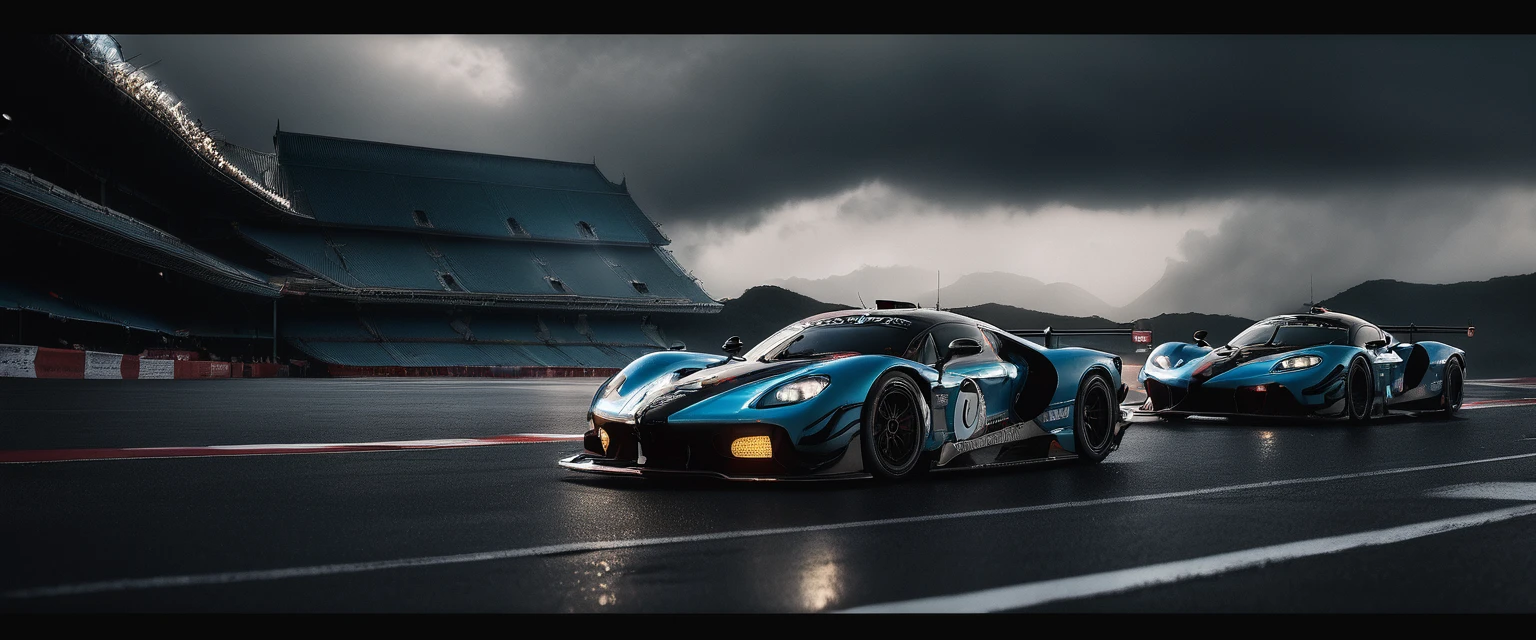 Racing, Aesthetic, Extremely detailed, Two cars, Racing场上惊心动魄的起跑线直线加速赛, Thunderstorm clouds, Dramatic Detailed Clouds, Beautiful fantasy photos,Complex details,Amazing, Produced by WETA FX and Industrial Light & Magic, Sophisticated RTX-enhanced CGI rendering