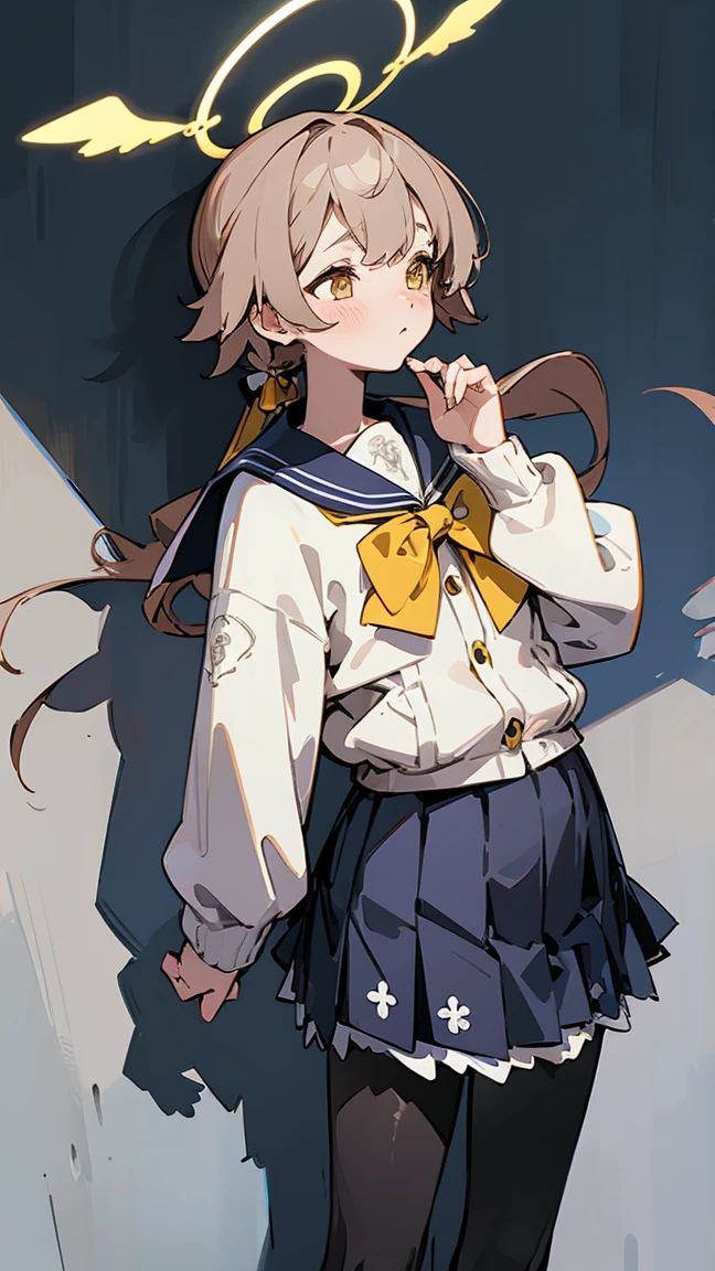 ((masterpiece,best quality)), (illustration), solo, hifumi (blue archive), halo, black pantyhose, long straight light brown hair, school uniform, yellow eyes, sailor collar, pleated blue skirt, white cardigan, long sleeves, blush, frilled skirt