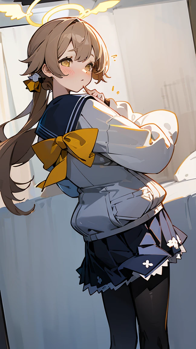 ((masterpiece,best quality)), (illustration), solo, hifumi (blue archive), halo, black pantyhose, long straight light brown hair, school uniform, yellow eyes, sailor collar, pleated blue skirt, white cardigan, long sleeves, blush, frilled skirt