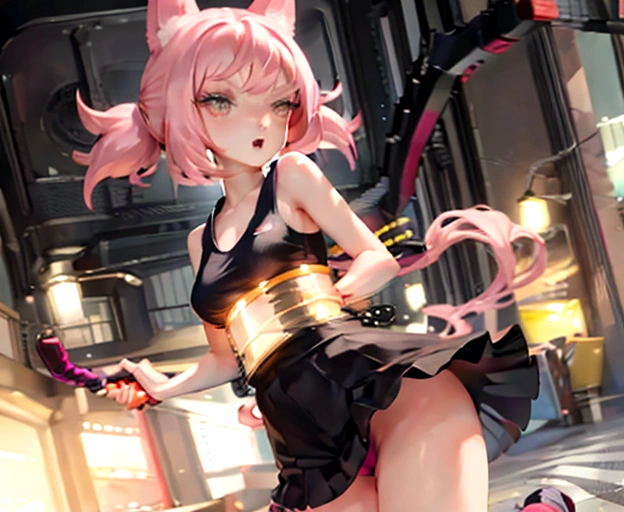 1girl, pink hair, twintails, cheerful, pink eyes, wearing , no hat, holding orange glowsticks in hands, no underwear, medium breasts showing