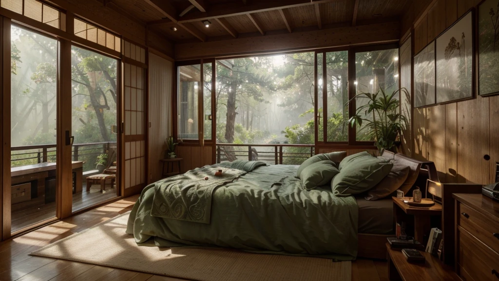Japanese bedroom in the forest, with glass walls and roof overlooking nature outside, a large bed with a comfortable fabric cover, wooden furniture around it, a cozy atmosphere inside, warm lighting from lampson the wall, green plants adding color to the room, rainy weather visible through the windows, misty fog outside. , ultra hd, realistic, vivid colors, highly detailed, UHD drawing, pen and ink, perfect composition, beautiful detailed intricate insanely detailed octane render trending on artstation, 8k artistic photography, photorealistic concept art, soft natural volumetric cinematic perfect light