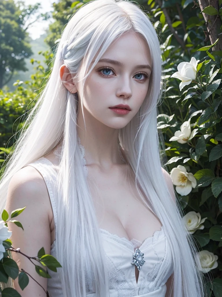 Long white hair, blue eyes, serious features, white skin, loose style, in a garden, with flowers , in the forest , killer frost the flash