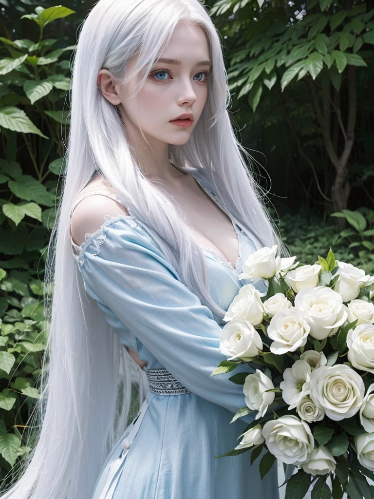 Long white hair, blue eyes, serious features, white skin, loose style, in a garden, with flowers , in the forest , killer frost the flash 