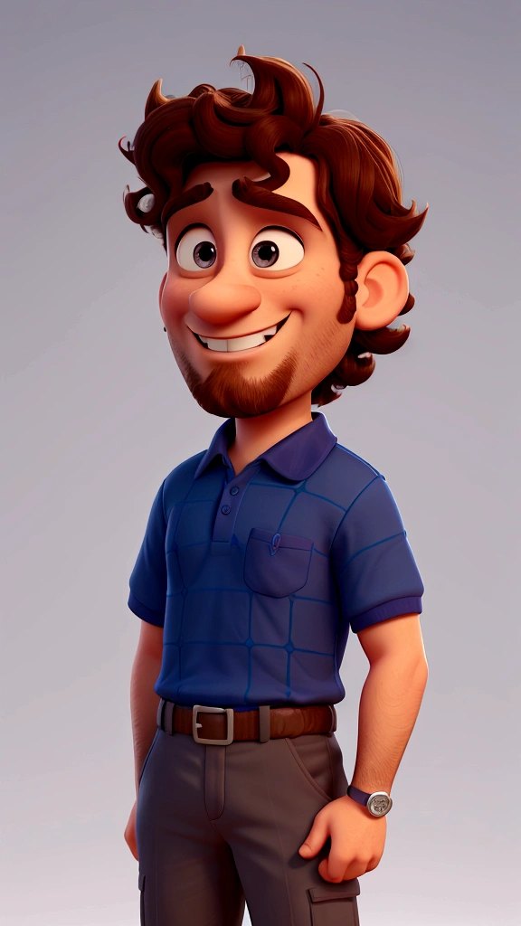 Create a Disney Pixar-style 3D model of a 30-year-old man with short, curly hair, well-groomed beard, wearing a dark blue polo shirt. He must have his arms crossed and display a confident and cocky smile. The style should include exaggerated features typical of Pixar, like big, expressive eyes, with a smooth skin texture and vibrant colors. The background should be simple and colorful, with soft elements that complement the character.