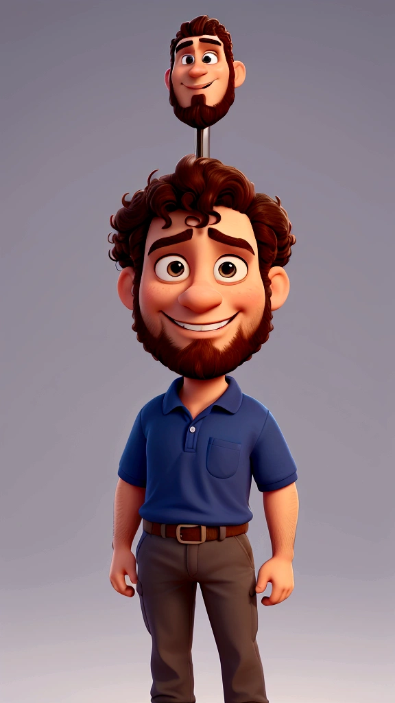 Create a Disney Pixar-style 3D model of a 30-year-old man with short, curly hair, well-groomed beard, wearing a dark blue polo shirt. He must have his arms crossed and display a confident and cocky smile. The style should include exaggerated features typical of Pixar, like big, expressive eyes, with a smooth skin texture and vibrant colors. The background should be simple and colorful, with soft elements that complement the character.