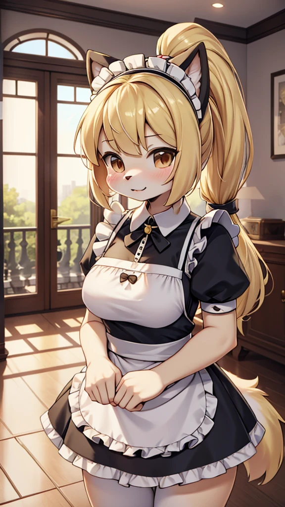 Dog Girl,Maid costume,Blonde hair,全身Blonde hair,Gentle temperament,hairy,hairy,hairy,hairy,hairy,furry,furry,furry,furry,furry girl,cute温柔,Indoor background,Mansion Background,Hall background,Low Ponytail,Low Ponytail,Dog ears,Dog ears,big ear,hairy耳朵,cute