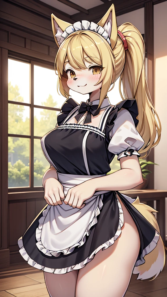 Dog Girl，Maid costume，Blonde hair，全身Blonde hair，Gentle temperament，hairy，hairy，hairy，hairy，hairy，furry，furry，furry，furry，furry girl，cute温柔，Indoor background，Mansion Background，Hall background，Low Ponytail，Low Ponytail，Dog ears，Dog ears，big ear，hairy耳朵，cute