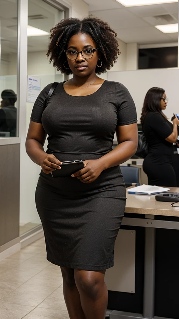 Chubby ugly secretary black woman with an afro and glasses in a boring grey corporate dress, in a super boring VISA application office, standing in front of a printer