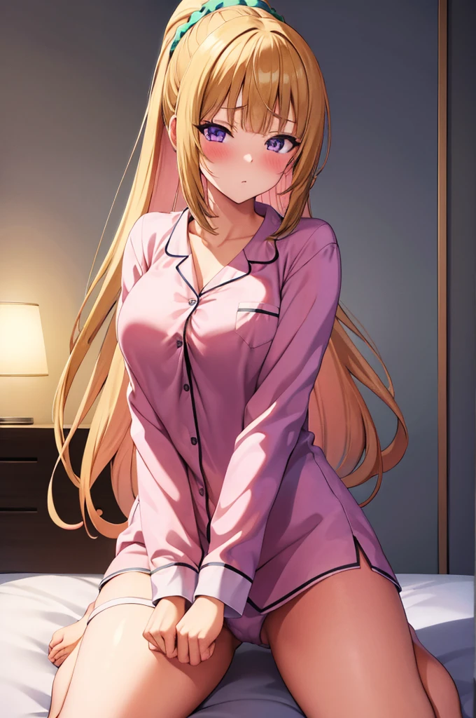 (masterpiece:1.3), (best quality:1.1), (8k, ultra detailed, ultra high res:1.2), ((anime style)), perfect 5 fingers, perfect anatomy, nsfw,
1girl,
Kei Karuizawa,
Kei Karuizawa \(youjitsu\),
BREAK long hair, ponytail,
yellow hair,
purple eyes,
hair scrunchie,
(medium breasts:0.9),
BREAK (Pajama Set:1.2), pink pajamas, Nightwear,
(blush:1.2), show panties,
looking at viewer,
cowboy shot, sitting,
moon light, indoor, inside, lie on a bed, (spread legs:1.1), (at night:1.2), midnight, Bedroom