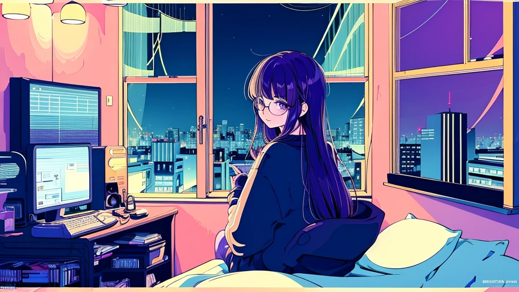 (from behind), Anime girl sitting in front of a computer in a cozy bedroom, Girl listening to music while studying in a cozy room (night), Using headphones, on the roof, (beautiful night views from windows), lots of things, 2D anime style, The aesthetics of anime in the 90s, lo-fi, long hair, very detailed, Hard disk, A mix of anime style and Fujifilm, surreal, 8K, masterpiece, violet eyes,black gloves, round glasses, long sleeves,violet hair, round glasses, Flat Chest, smile